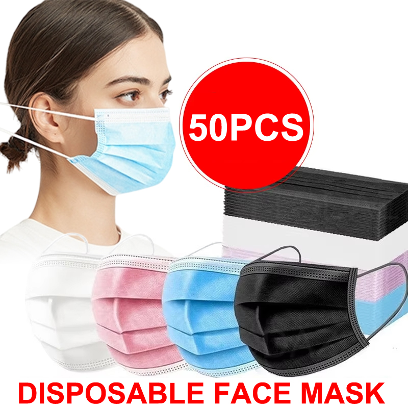 50Pcs 3-layer Mask Face Masks  - đánh giá và giá Disposable Mask Blue