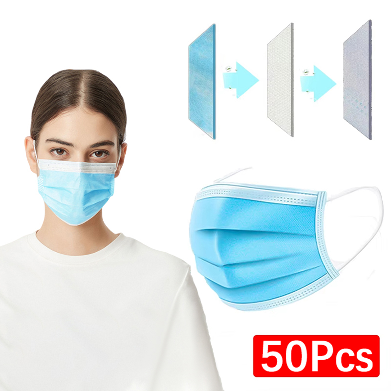 50Pcs 3-layer Mask Face Masks  - đánh giá và giá Disposable Mask Blue